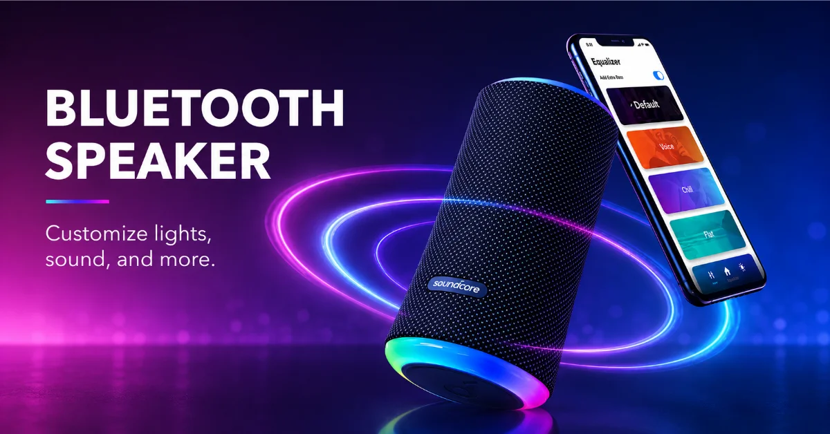 Bluetooth speaker with RGB lights and smartphone app for customizable sound settings